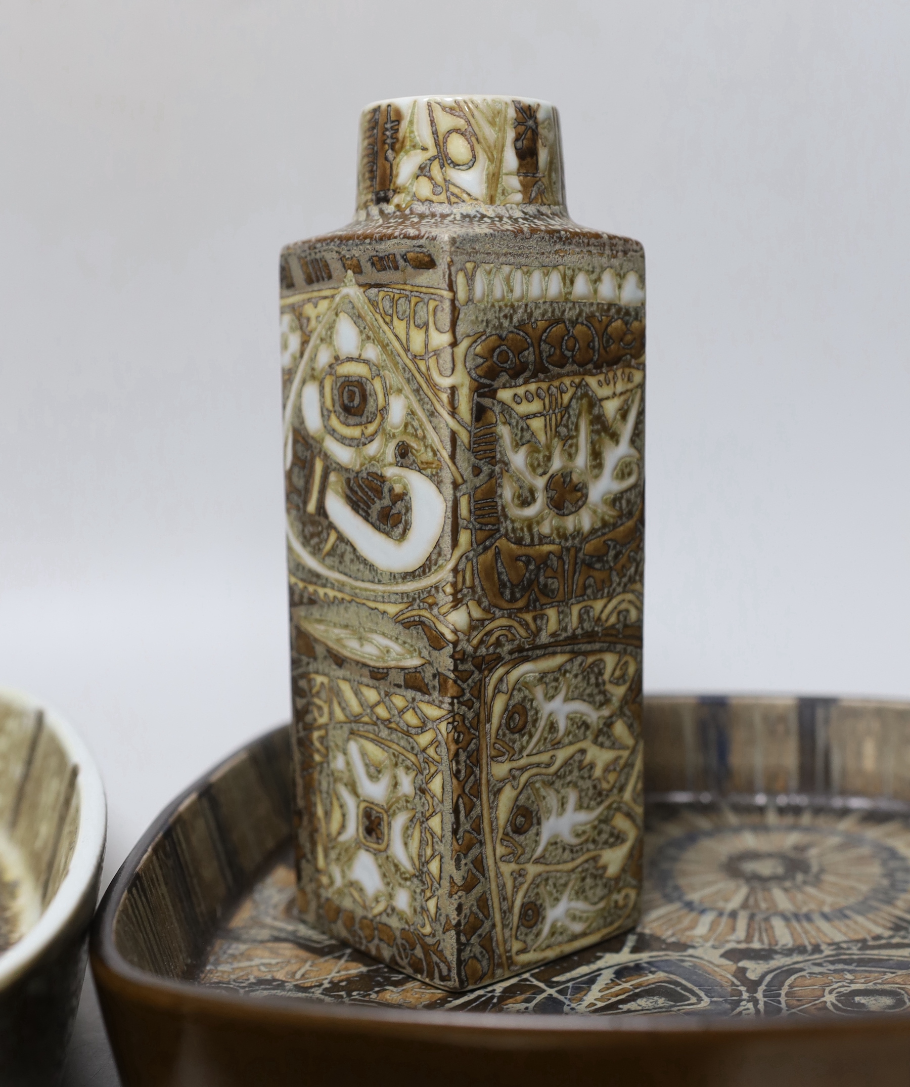 A Royal Copenhagen fajance vase and three dishes with geometric design, each numbered to the base, the largest 27cm wide